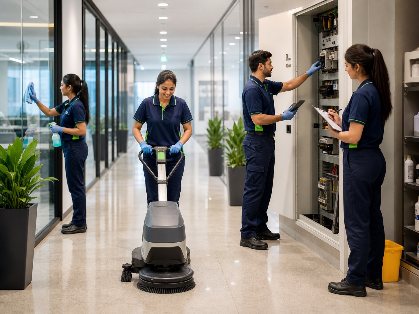 Facility management team delivering cleaning and maintenance services