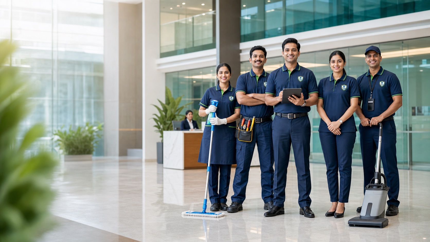 Urban Shield branded facility team in a modern lobby