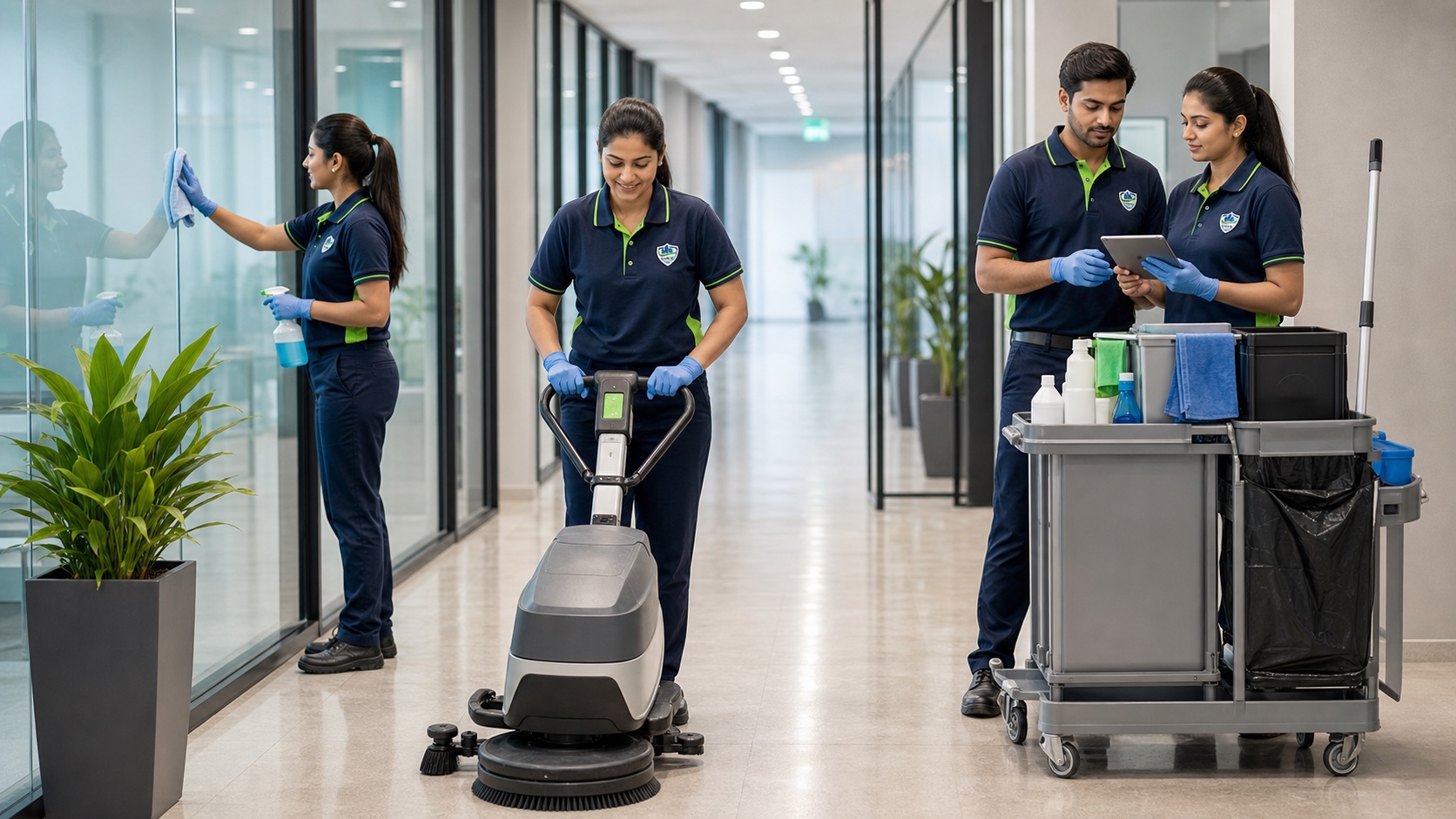 Urban Shield branded housekeeping team cleaning an office corridor